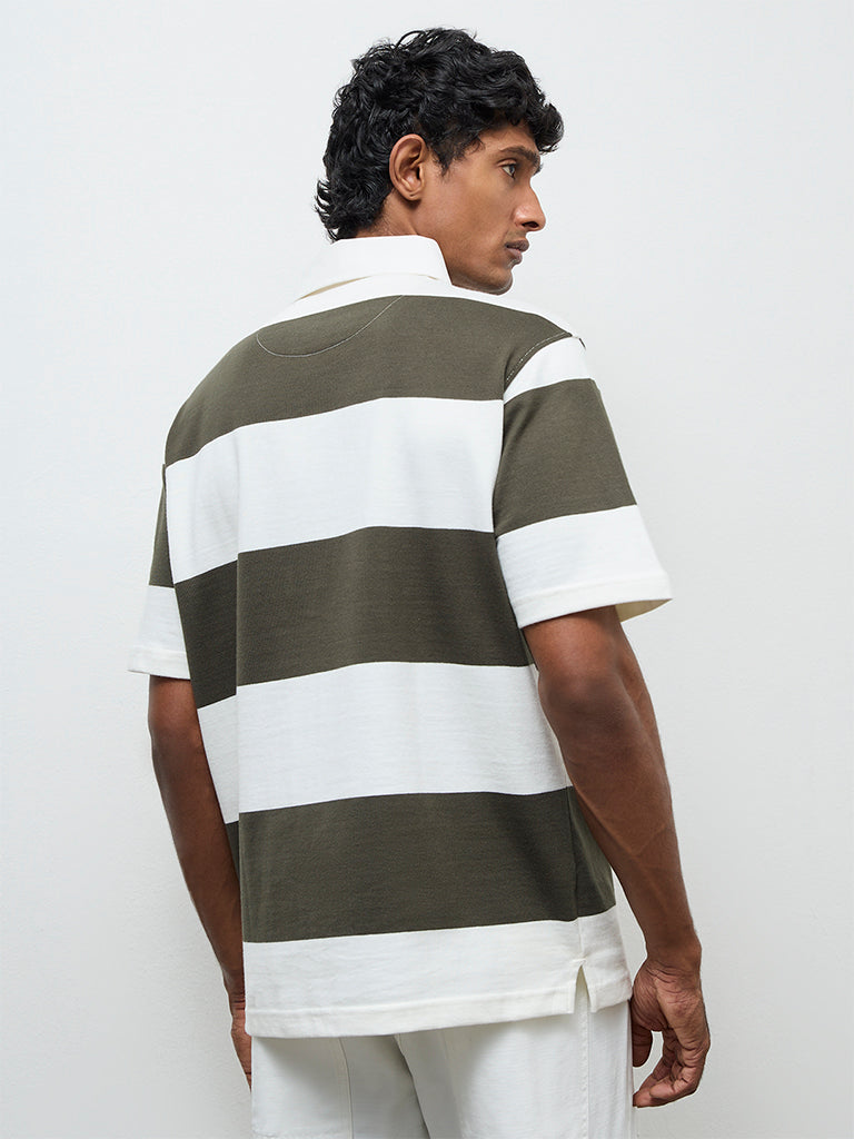 WES Casuals Sage Striped Relaxed Fit Cotton Polo T-Shirt
