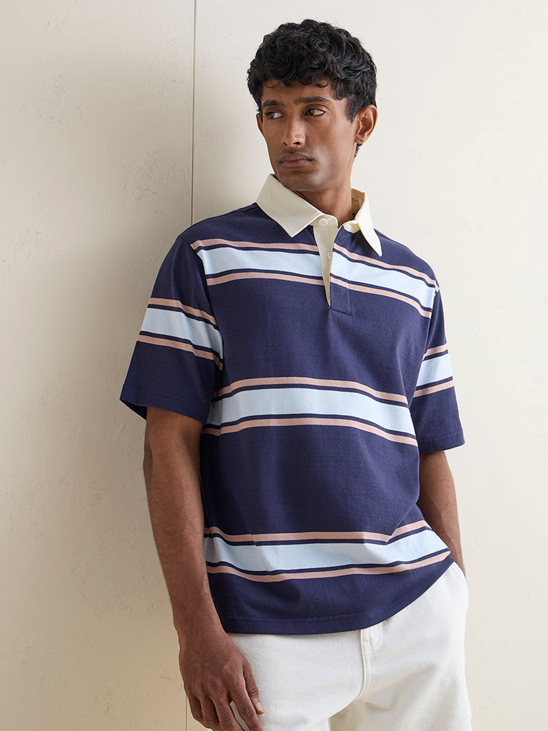 WES Casuals Navy Striped Relaxed-Fit Cotton Polo T-Shirt
