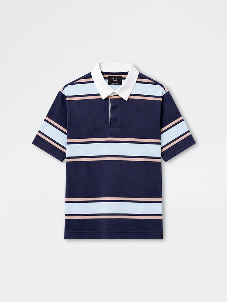 WES Casuals Navy Striped Relaxed-Fit Cotton Polo T-Shirt