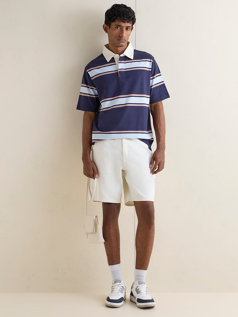 WES Casuals Navy Striped Relaxed-Fit Cotton Polo T-Shirt