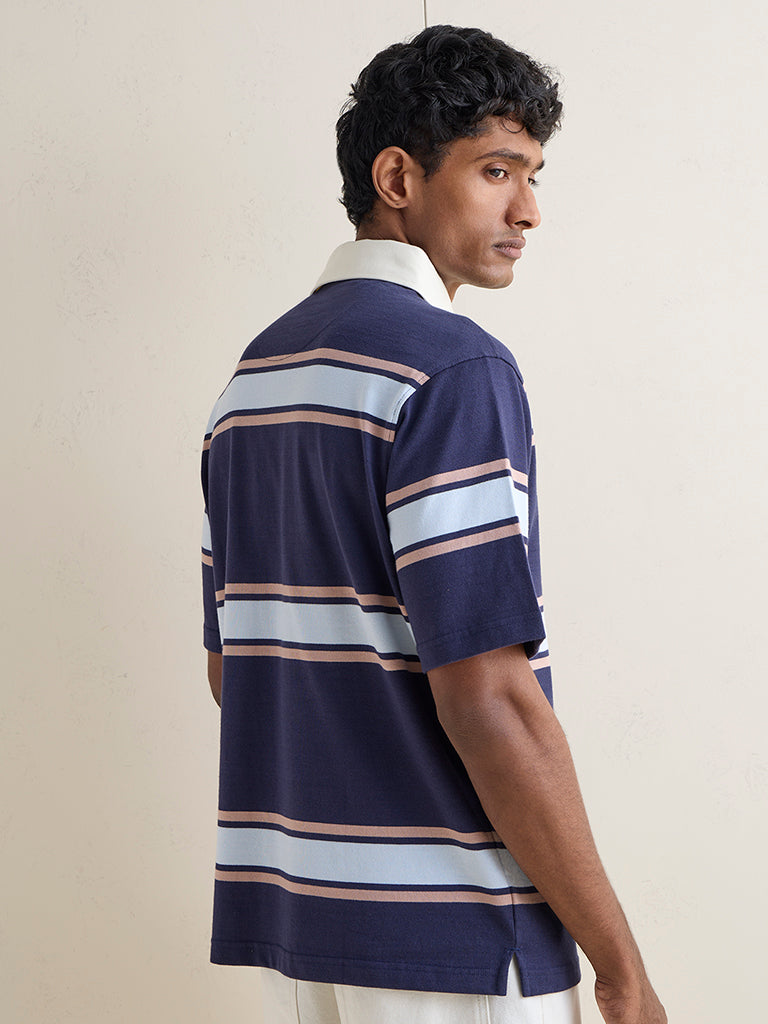 WES Casuals Navy Striped Relaxed-Fit Cotton Polo T-Shirt