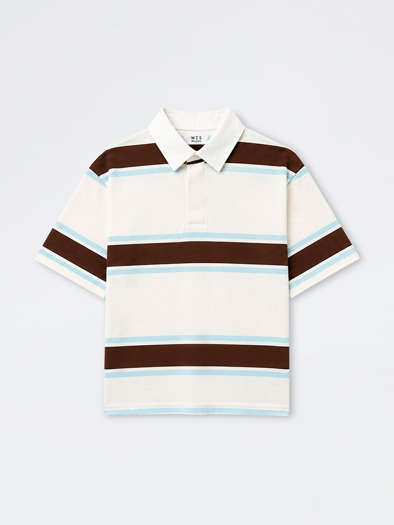 WES Casuals Off-White Relaxed-Fit Cotton Polo T-Shirt