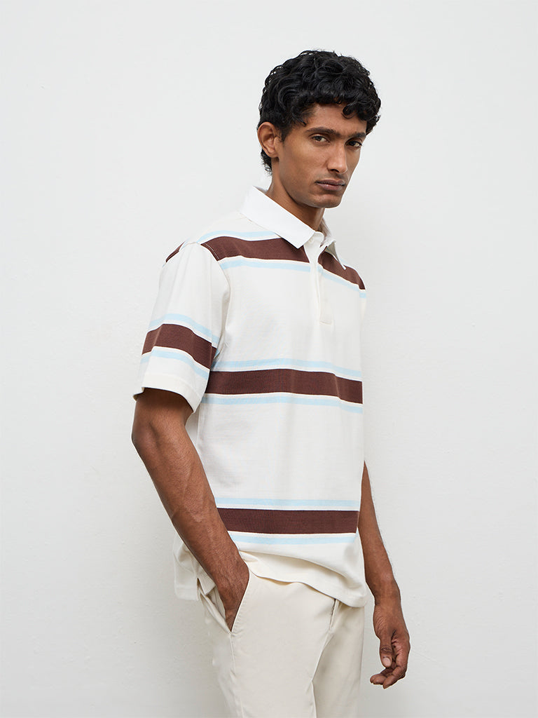 WES Casuals Off-White Relaxed-Fit Cotton Polo T-Shirt