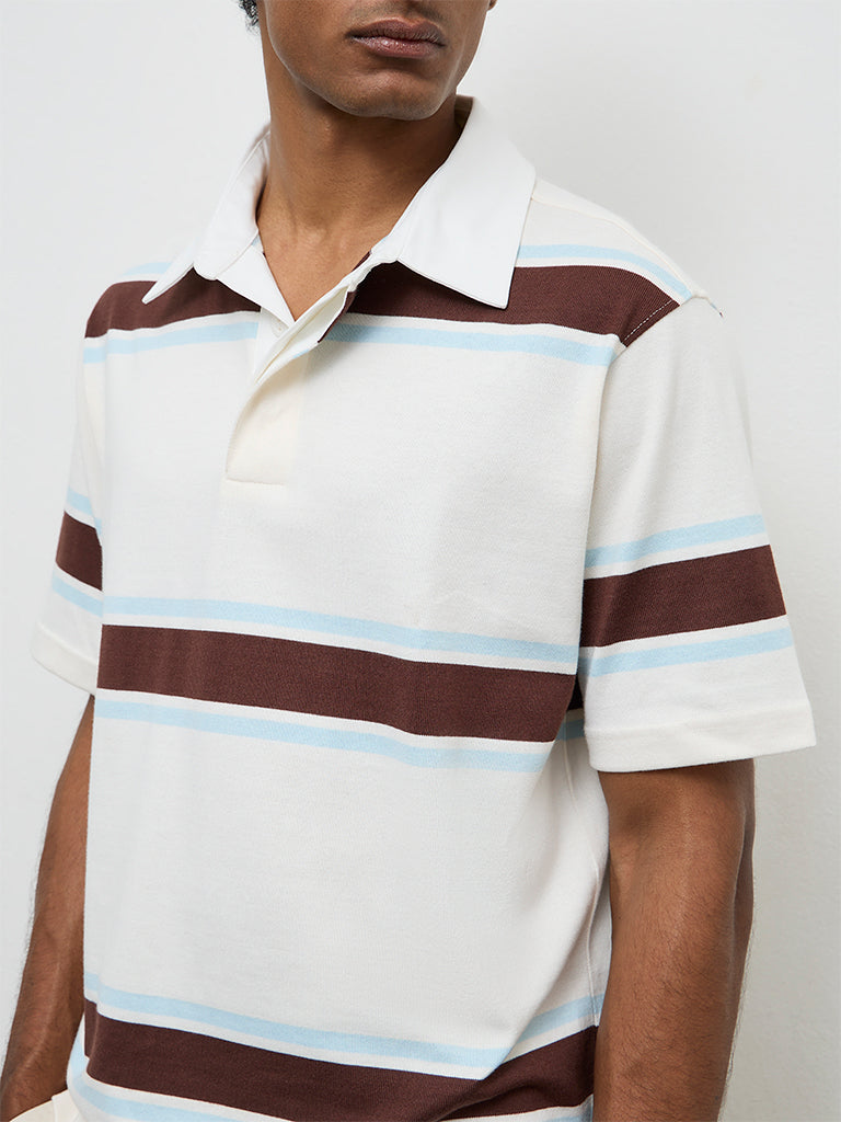 WES Casuals Off-White Relaxed-Fit Cotton Polo T-Shirt
