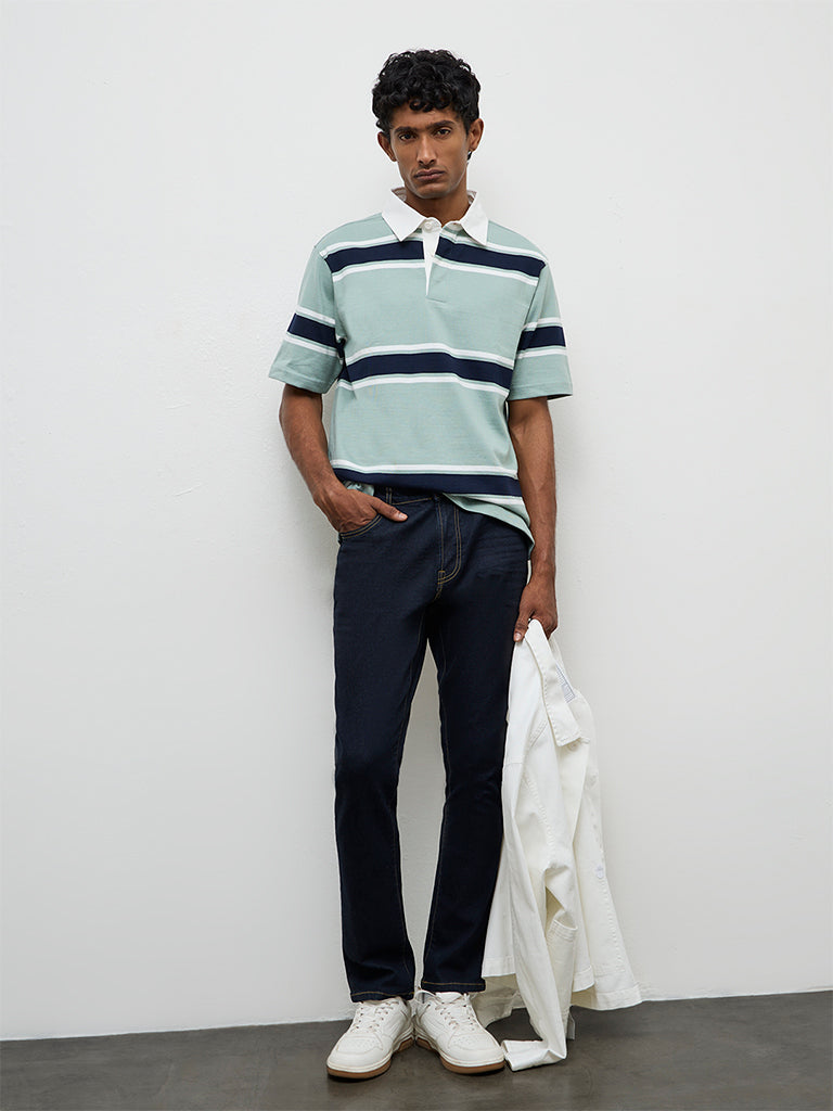 WES Casuals Sage Striped Relaxed-Fit Cotton Polo T-Shirt