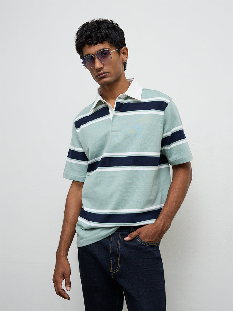 WES Casuals Sage Striped Relaxed-Fit Cotton Polo T-Shirt