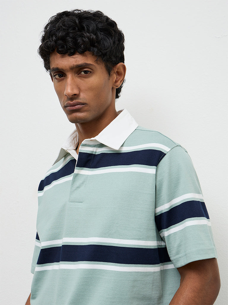 WES Casuals Sage Striped Relaxed-Fit Cotton Polo T-Shirt