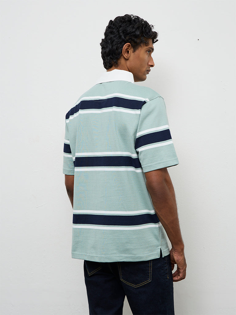 WES Casuals Sage Striped Relaxed-Fit Cotton Polo T-Shirt