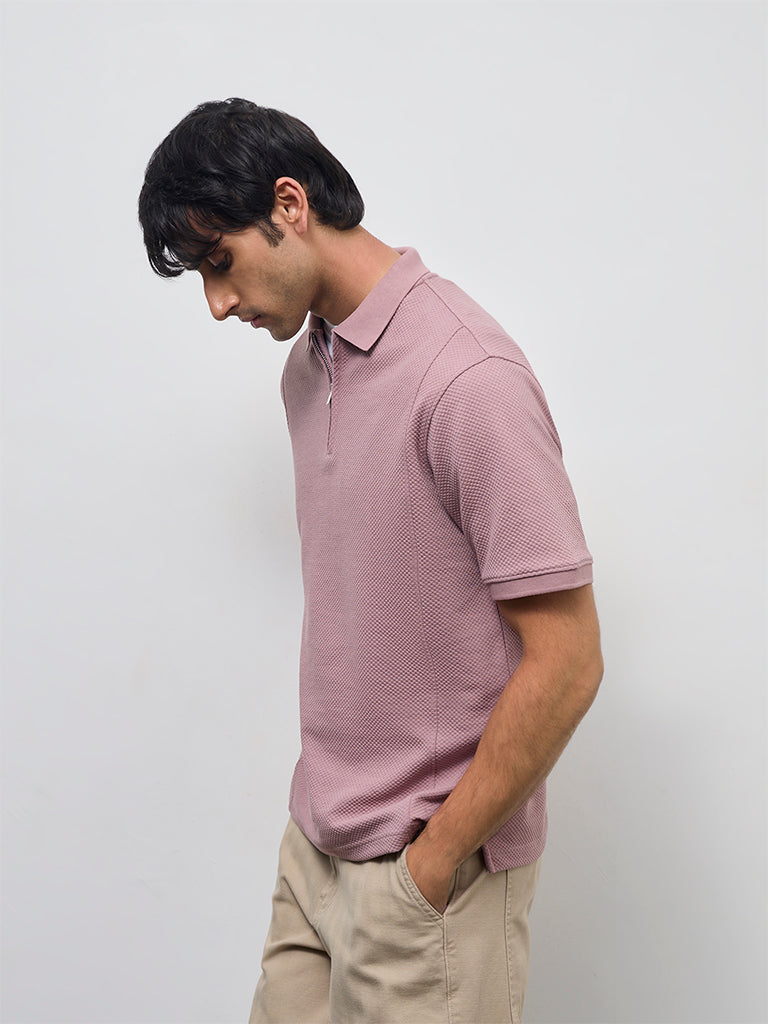 WES Casuals Dusty Pink Popcorn Textured Relaxed-Fit Quarter-Zip Polo T-Shirt