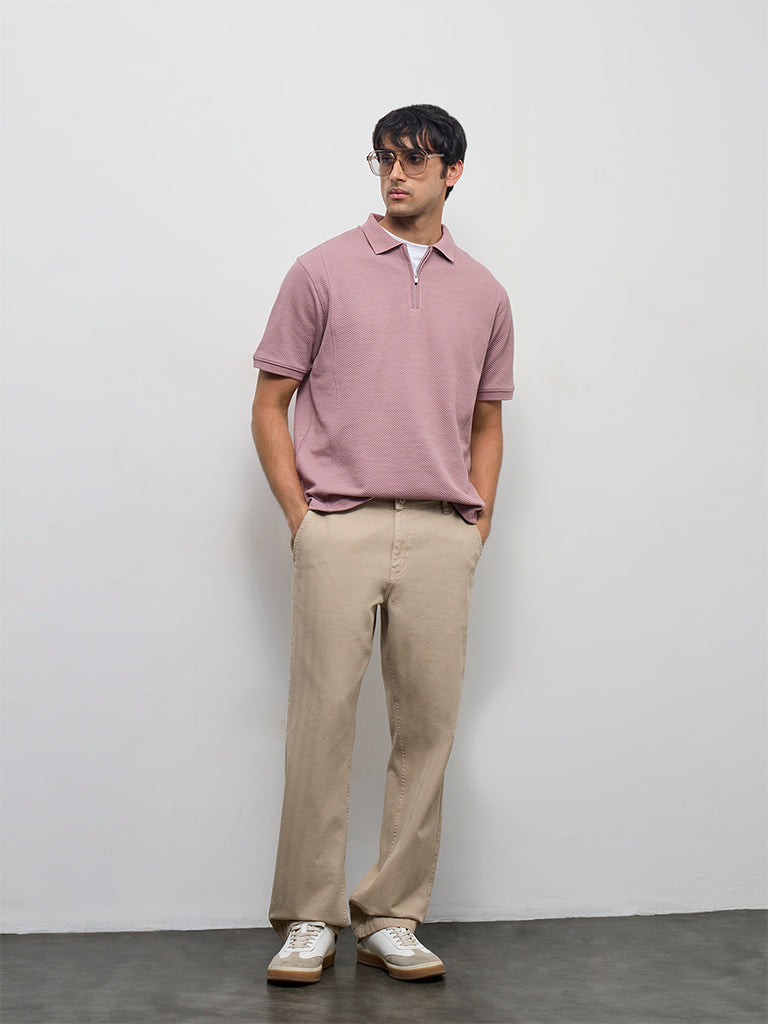 WES Casuals Dusty Pink Popcorn Textured Relaxed-Fit Quarter-Zip Polo T-Shirt