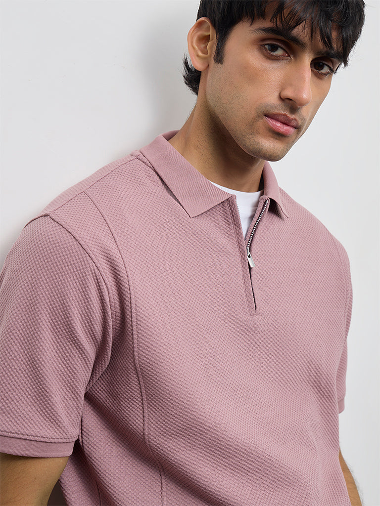 WES Casuals Dusty Pink Popcorn Textured Relaxed-Fit Quarter-Zip Polo T-Shirt