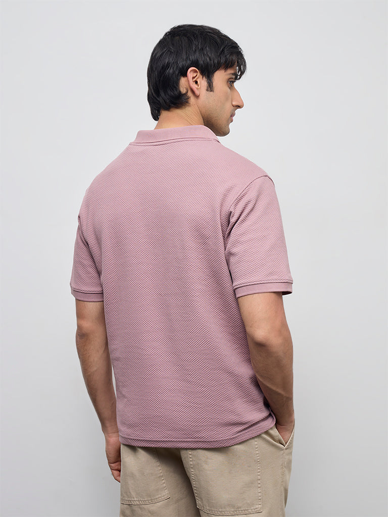 WES Casuals Dusty Pink Popcorn Textured Relaxed-Fit Quarter-Zip Polo T-Shirt