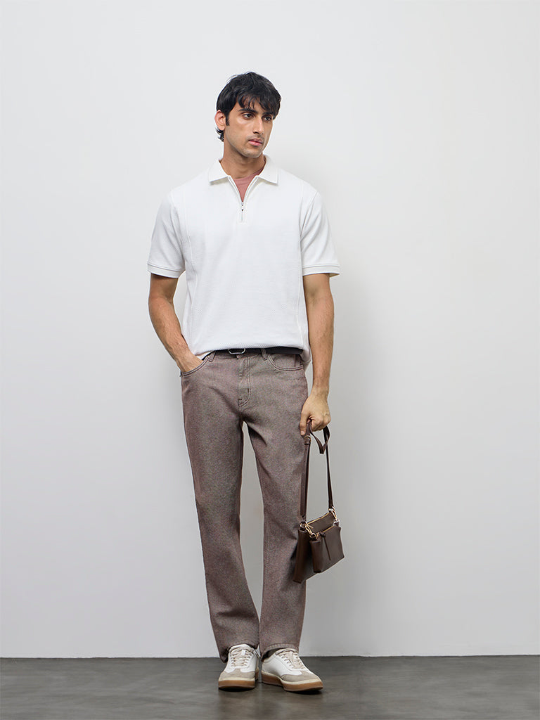 WES Casuals Off-White Popcorn Textured Relaxed-Fit Quarter-Zip Polo T-Shirt