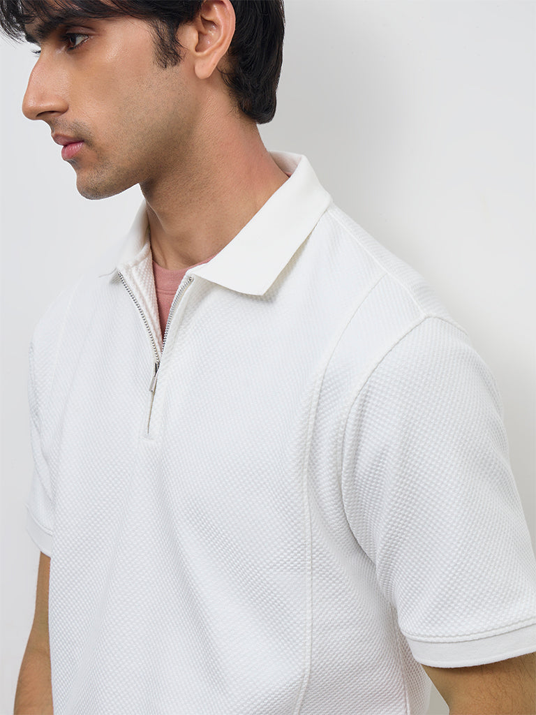 WES Casuals Off-White Popcorn Textured Relaxed-Fit Quarter-Zip Polo T-Shirt