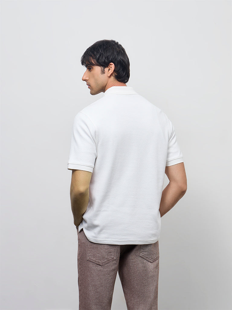 WES Casuals Off-White Popcorn Textured Relaxed-Fit Quarter-Zip Polo T-Shirt