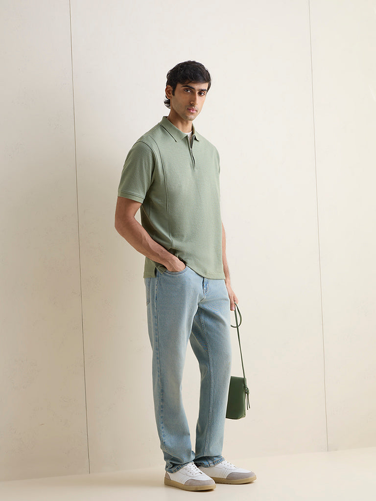 WES Casuals Sage Textured Relaxed-Fit Quarter-Zip Polo T-Shirt