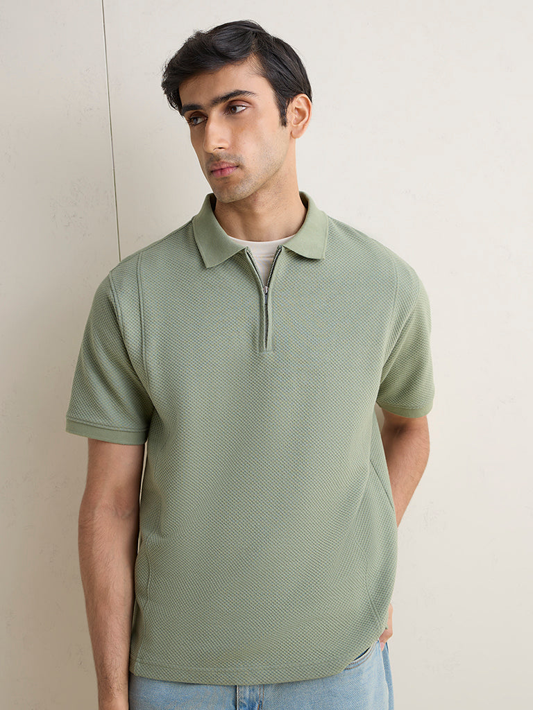 WES Casuals Sage Textured Relaxed-Fit Quarter-Zip Polo T-Shirt