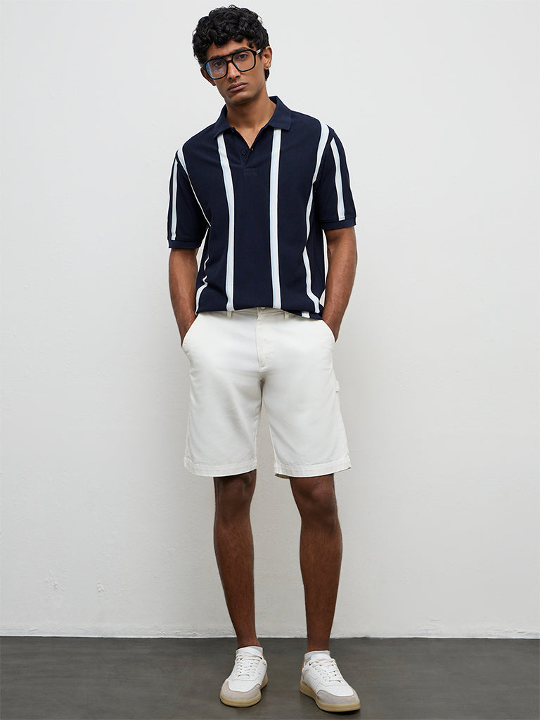 WES Casuals Navy Striped Relaxed-Fit Cotton Polo T-Shirt