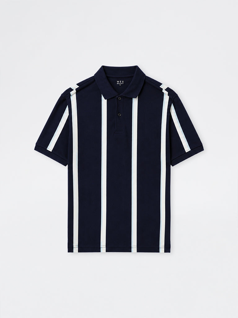 WES Casuals Navy Striped Relaxed-Fit Cotton Polo T-Shirt