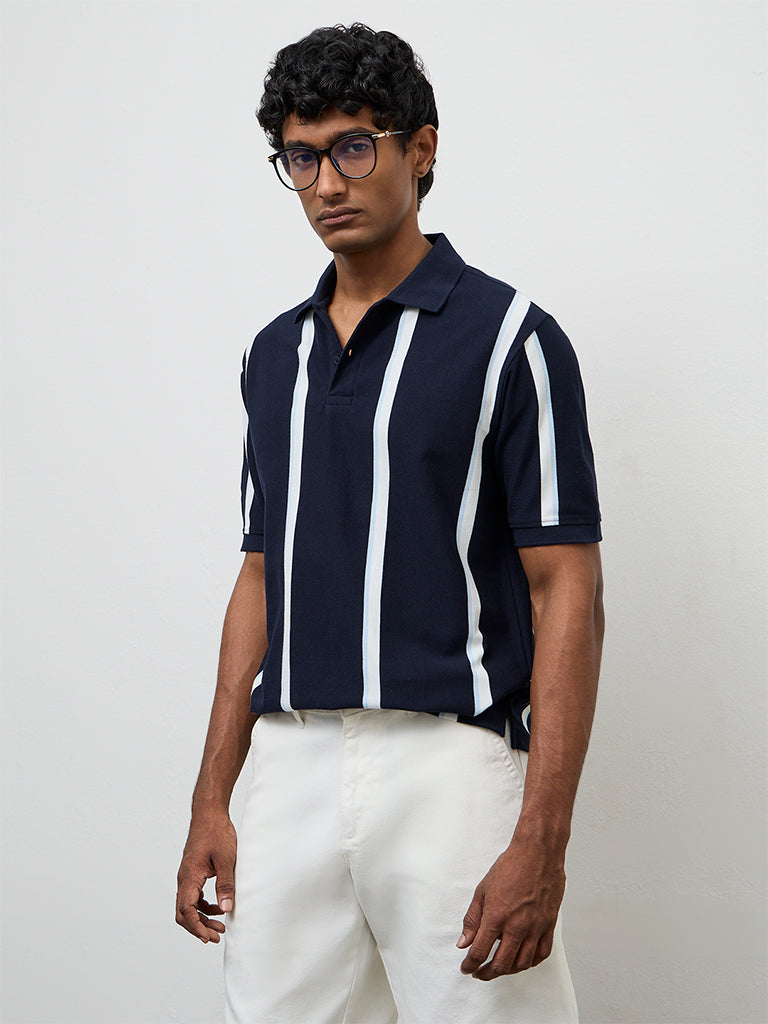 WES Casuals Navy Striped Relaxed-Fit Cotton Polo T-Shirt