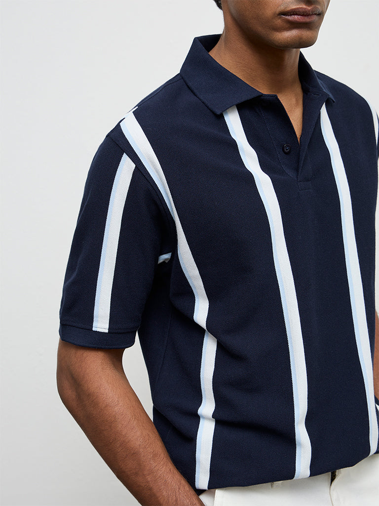 WES Casuals Navy Striped Relaxed-Fit Cotton Polo T-Shirt
