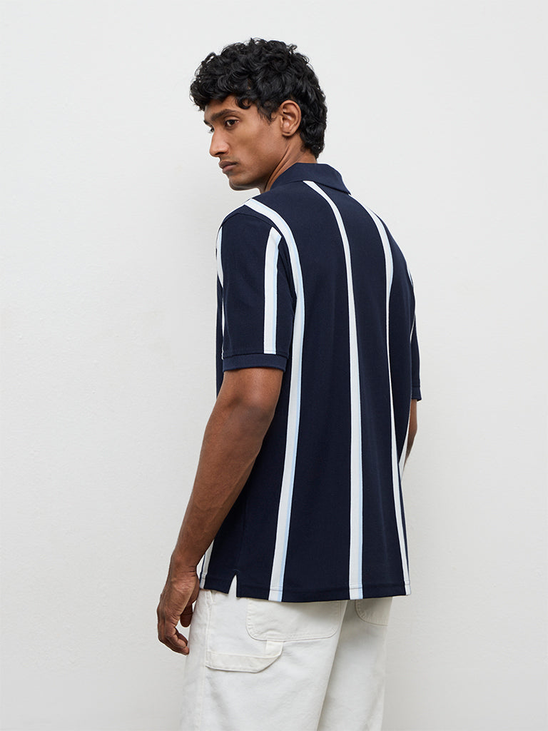 WES Casuals Navy Striped Relaxed-Fit Cotton Polo T-Shirt