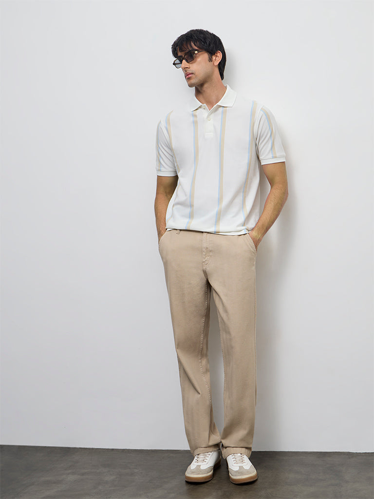 WES Casuals Off-White Striped Relaxed-Fit Cotton Polo T-Shirt