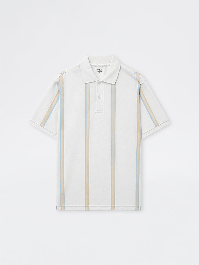WES Casuals Off-White Striped Relaxed-Fit Cotton Polo T-Shirt