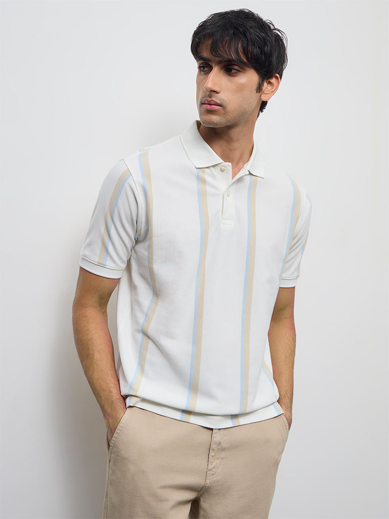WES Casuals Off-White Striped Relaxed-Fit Cotton Polo T-Shirt