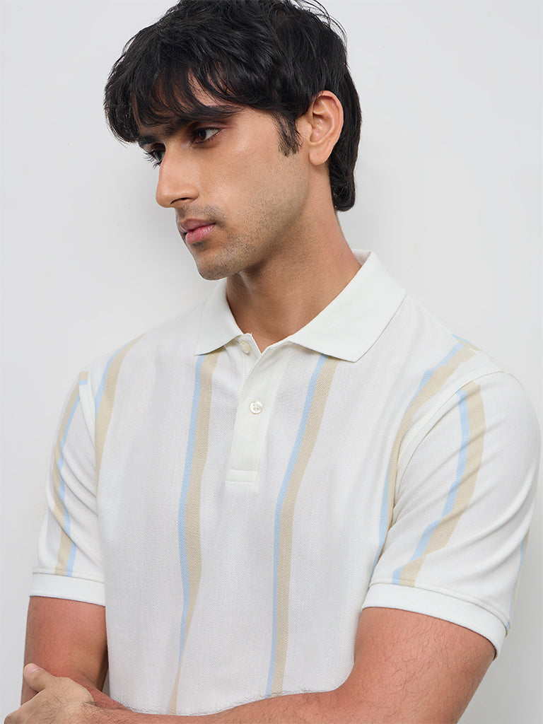 WES Casuals Off-White Striped Relaxed-Fit Cotton Polo T-Shirt