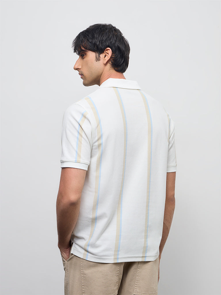 WES Casuals Off-White Striped Relaxed-Fit Cotton Polo T-Shirt