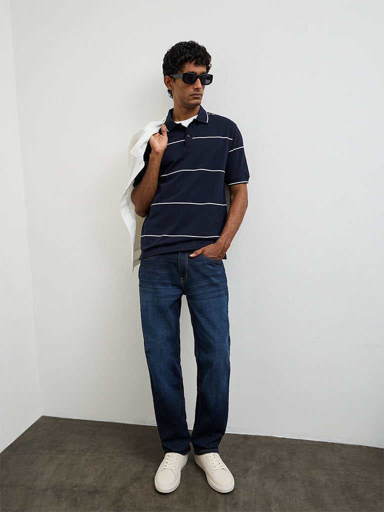 WES Casuals Navy Striped Relaxed-Fit Cotton Polo T-Shirt