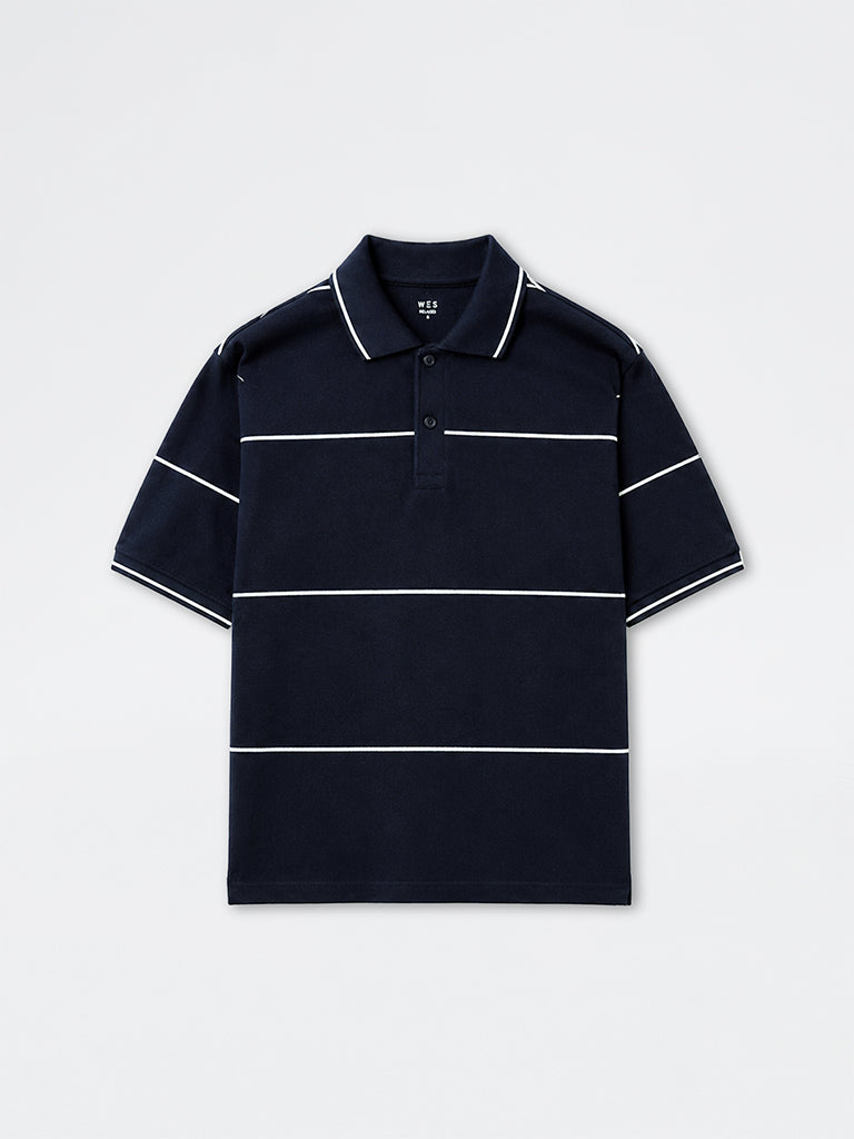 WES Casuals Navy Striped Relaxed-Fit Cotton Polo T-Shirt