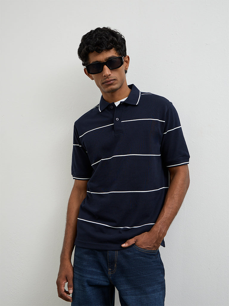 WES Casuals Navy Striped Relaxed-Fit Cotton Polo T-Shirt