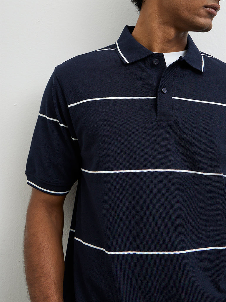 WES Casuals Navy Striped Relaxed-Fit Cotton Polo T-Shirt
