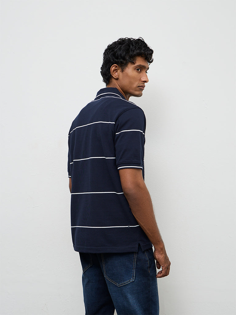 WES Casuals Navy Striped Relaxed-Fit Cotton Polo T-Shirt