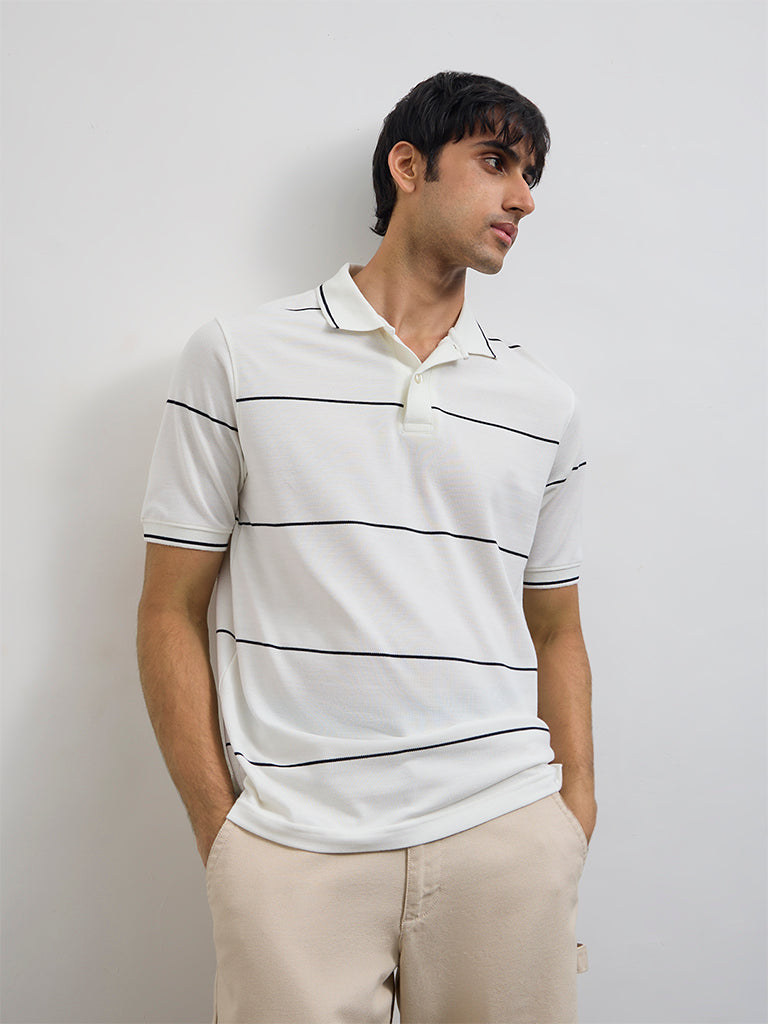 WES Casuals Off-White Relaxed-Fit Cotton Polo T-Shirt