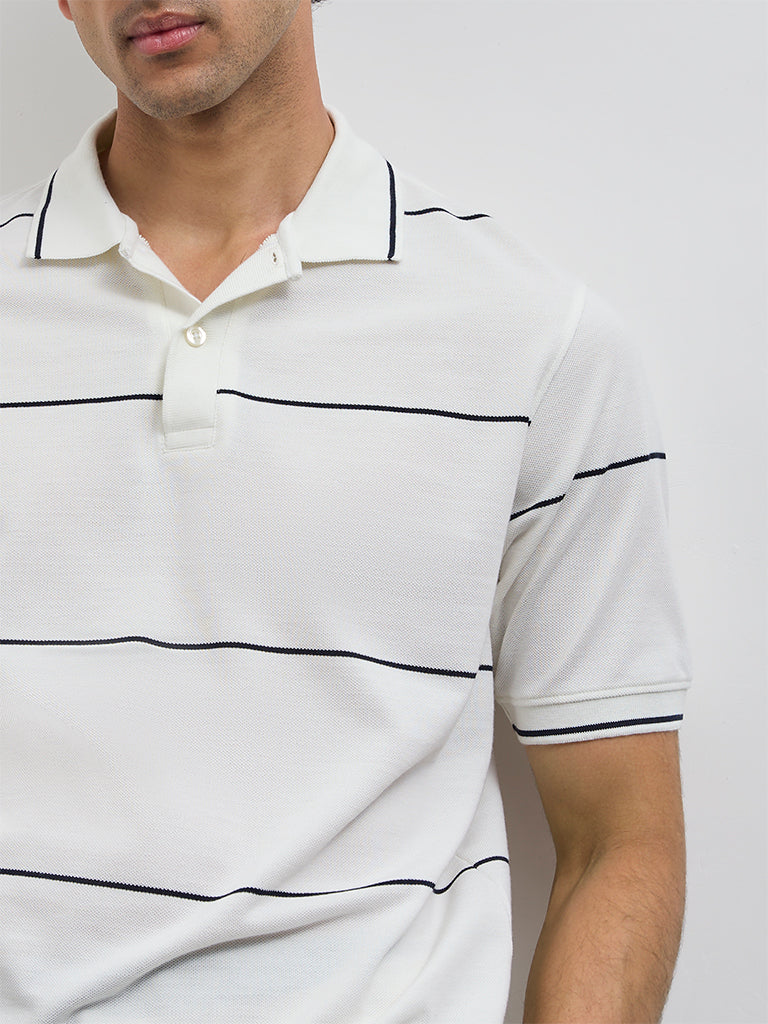 WES Casuals Off-White Relaxed-Fit Cotton Polo T-Shirt