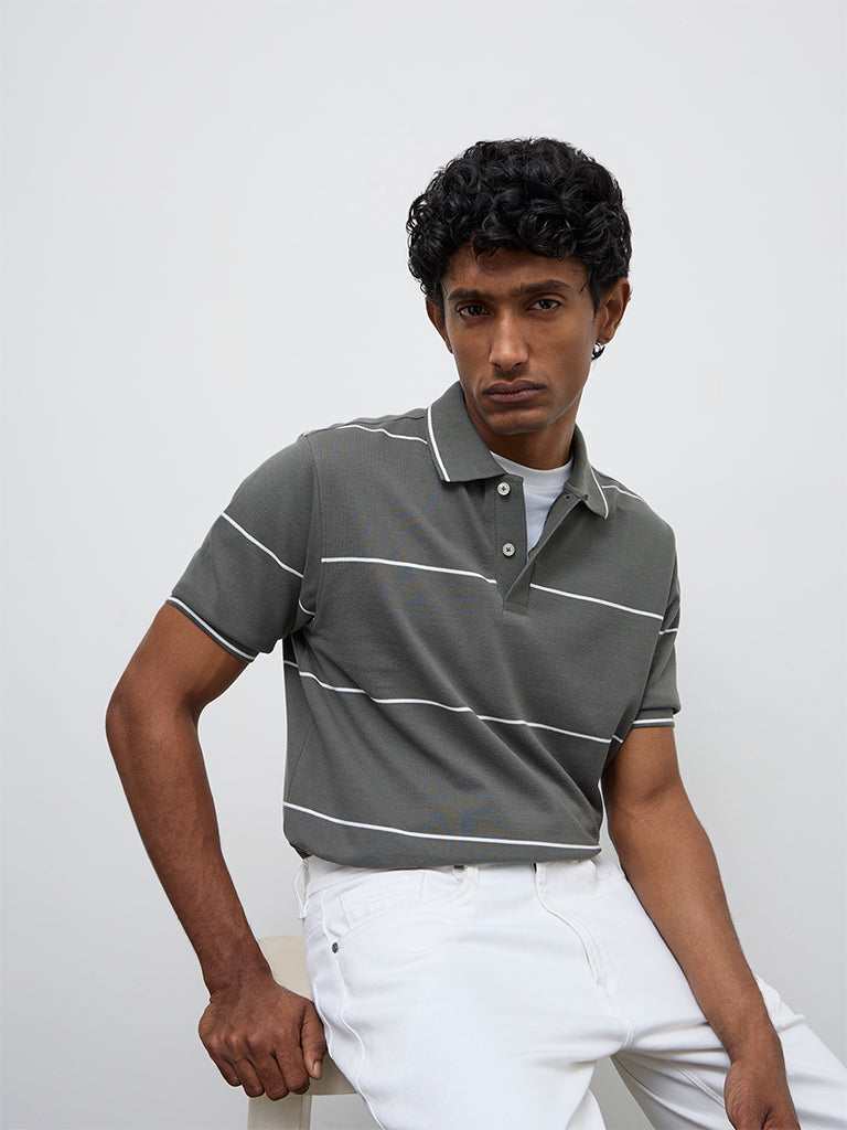 WES Casuals Dark Sage Relaxed-Fit Cotton Polo T-Shirt