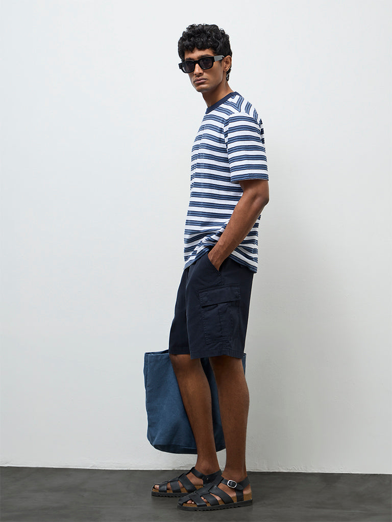 WES Casuals Navy Relaxed-Fit Mid-Rise Cotton Shorts
