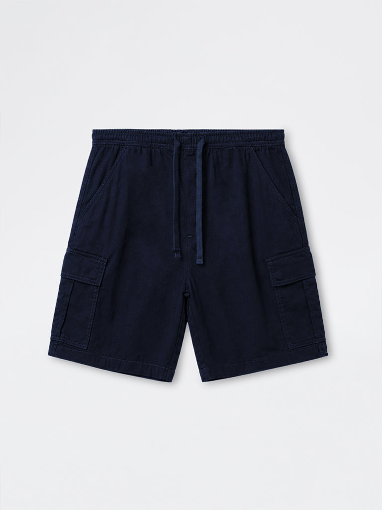 WES Casuals Navy Relaxed-Fit Mid-Rise Cotton Shorts