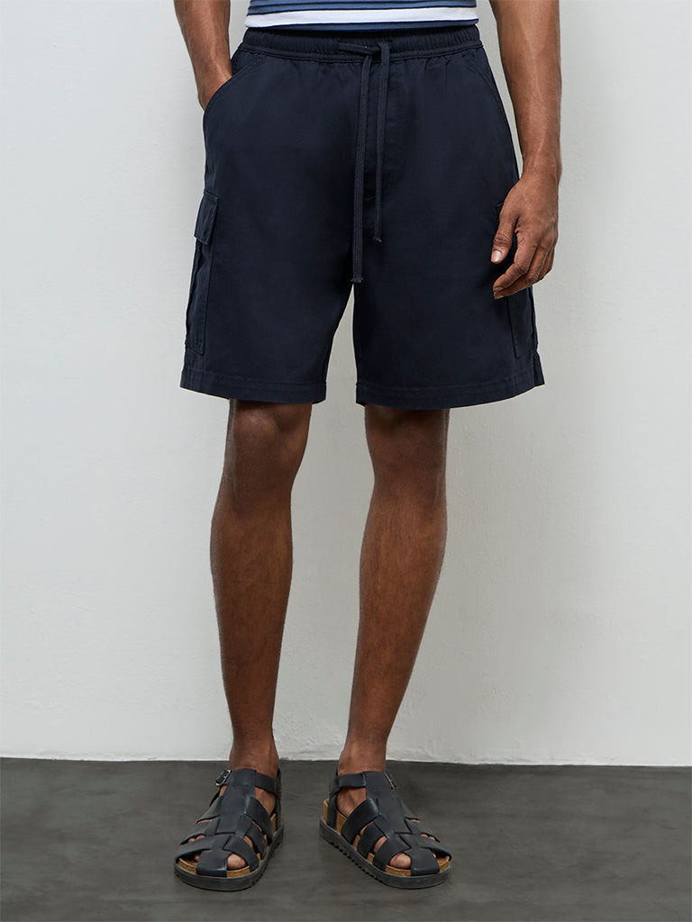 WES Casuals Navy Relaxed-Fit Mid-Rise Cotton Shorts