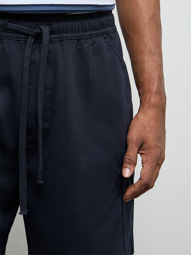 WES Casuals Navy Relaxed-Fit Mid-Rise Cotton Shorts