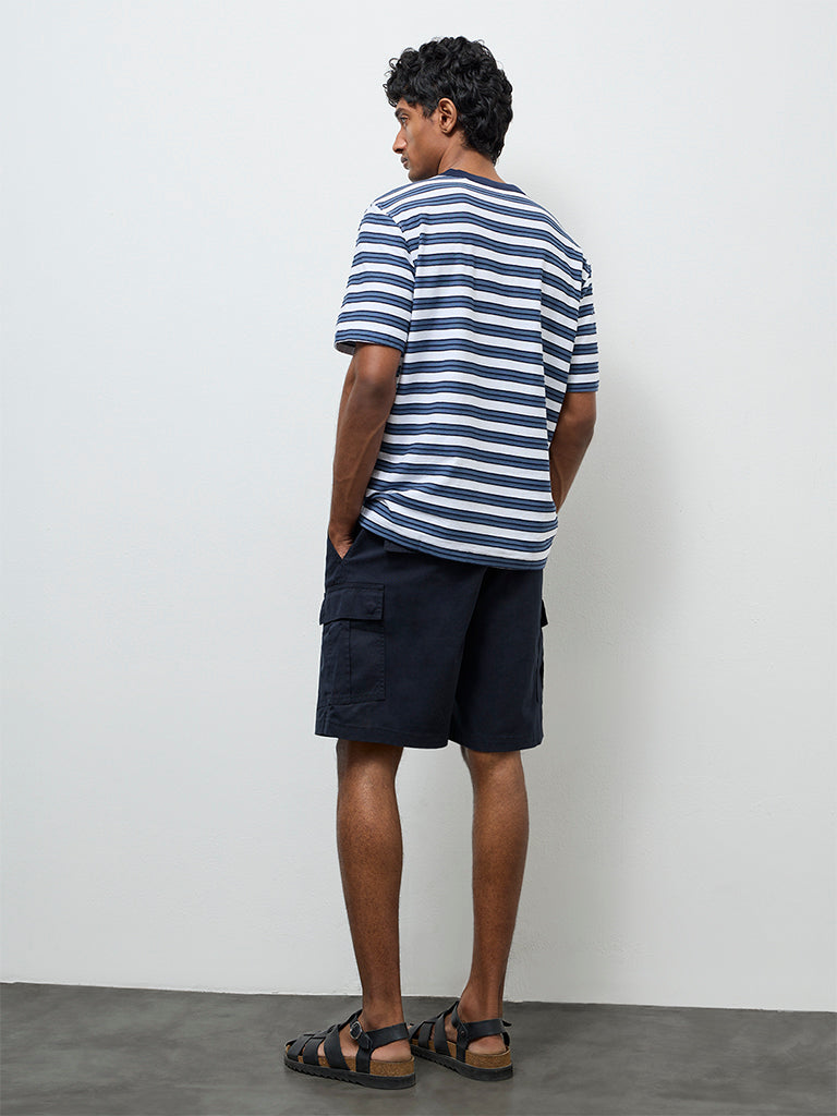 WES Casuals Navy Relaxed-Fit Mid-Rise Cotton Shorts