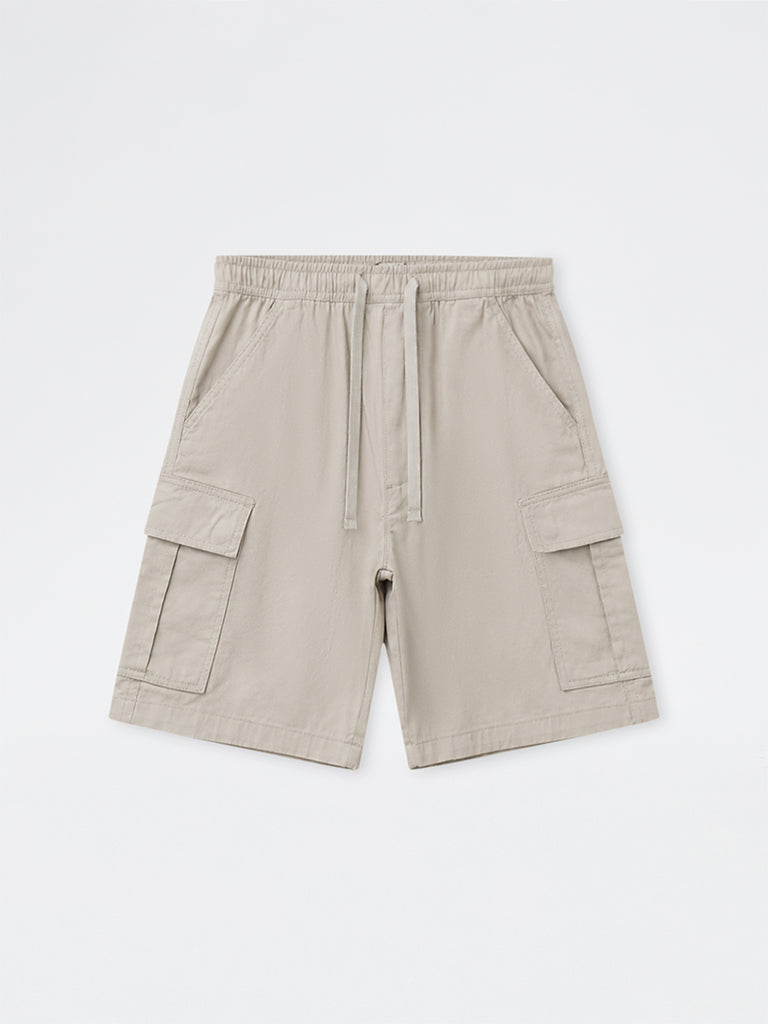 WES Casuals Light Taupe Relaxed-Fit Mid-Rise Cotton Shorts