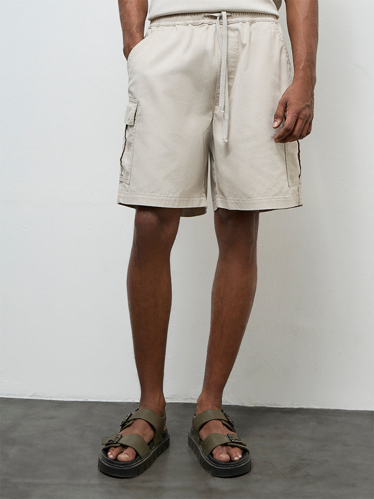 WES Casuals Light Taupe Relaxed-Fit Mid-Rise Cotton Shorts