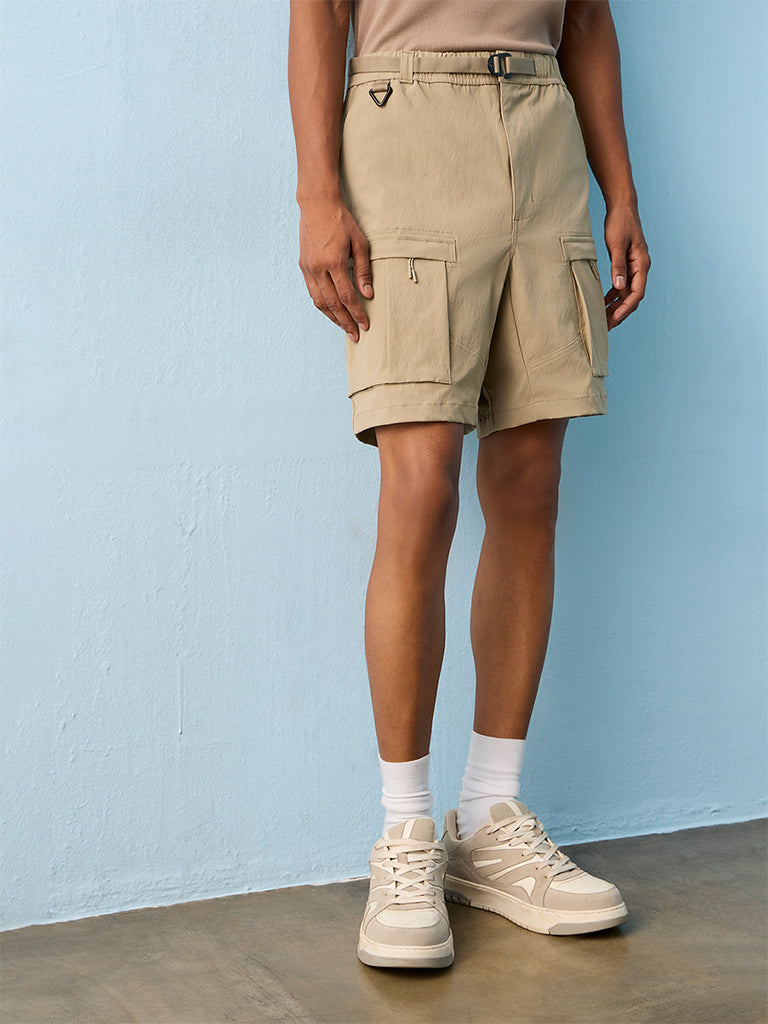 Nuoflexx Taupe Relaxed-Fit Mid-Rise Shorts