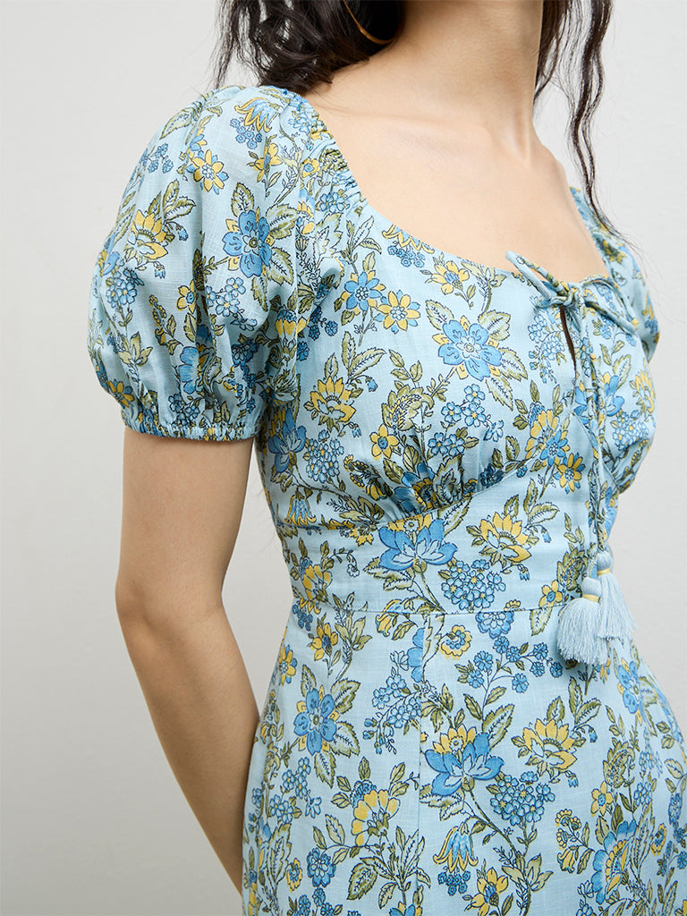 Bombay Paisley Light Blue Floral Pattern Cotton A-Line Dress