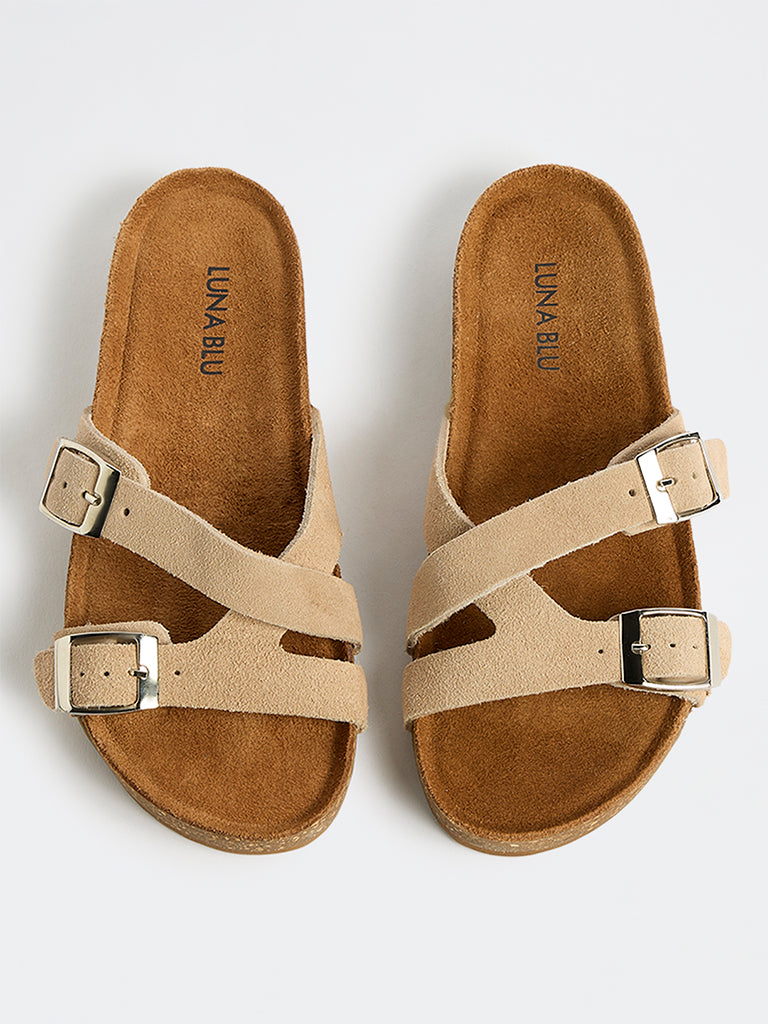 LUNA BLU Beige Suede Buckle-Detailed Sandals