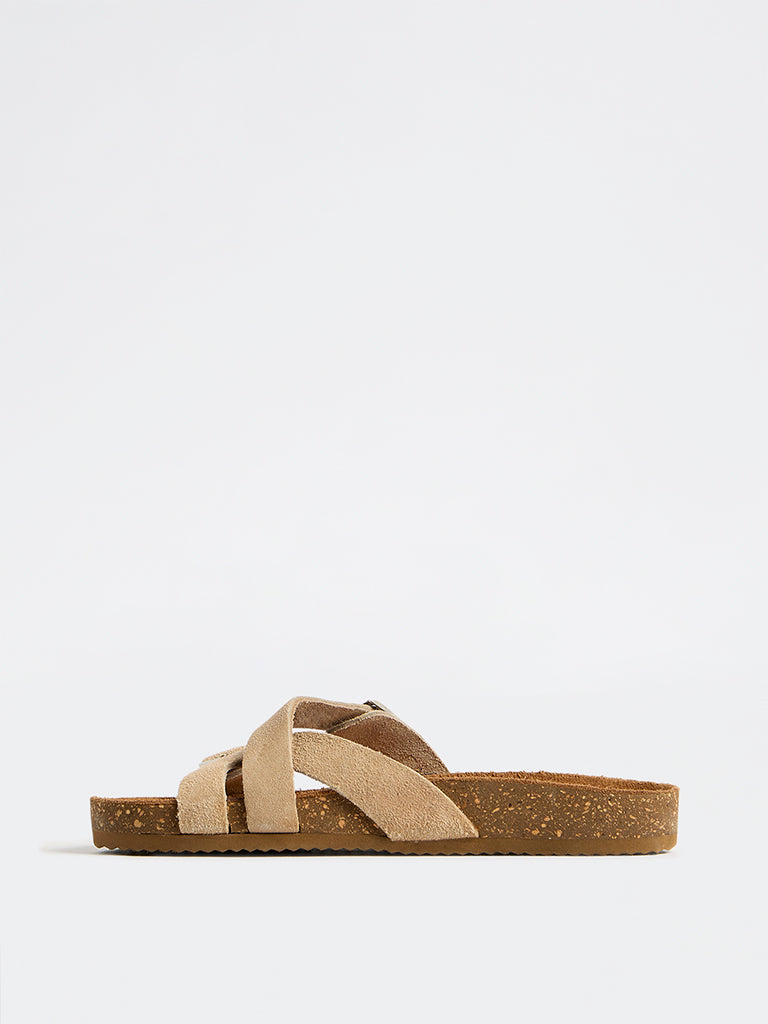 LUNA BLU Beige Suede Buckle-Detailed Sandals